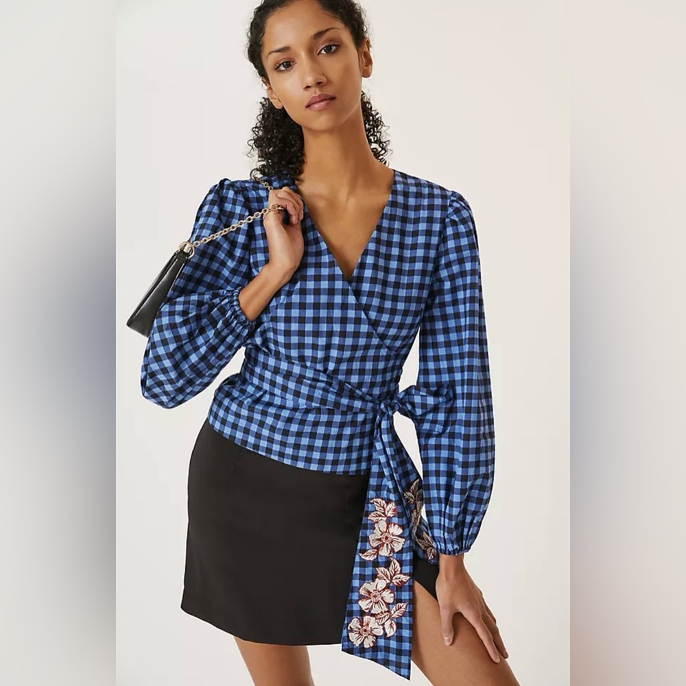 Anthropologie Blue and Black Gingham Wrap Top